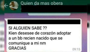 Adolescente ofrece en adopción a su bebé por WhatsApp